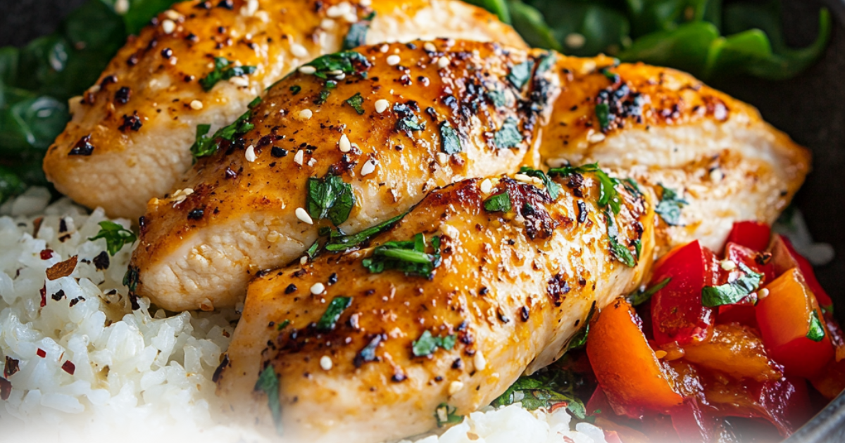 Grilled chicken breasts on rice with sesame seeds and greens, accompanied by bell peppers.