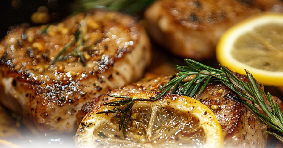 Close-up of grilled chicken breasts seasoned with pepper and rosemary, garnished with grilled lemon slices.