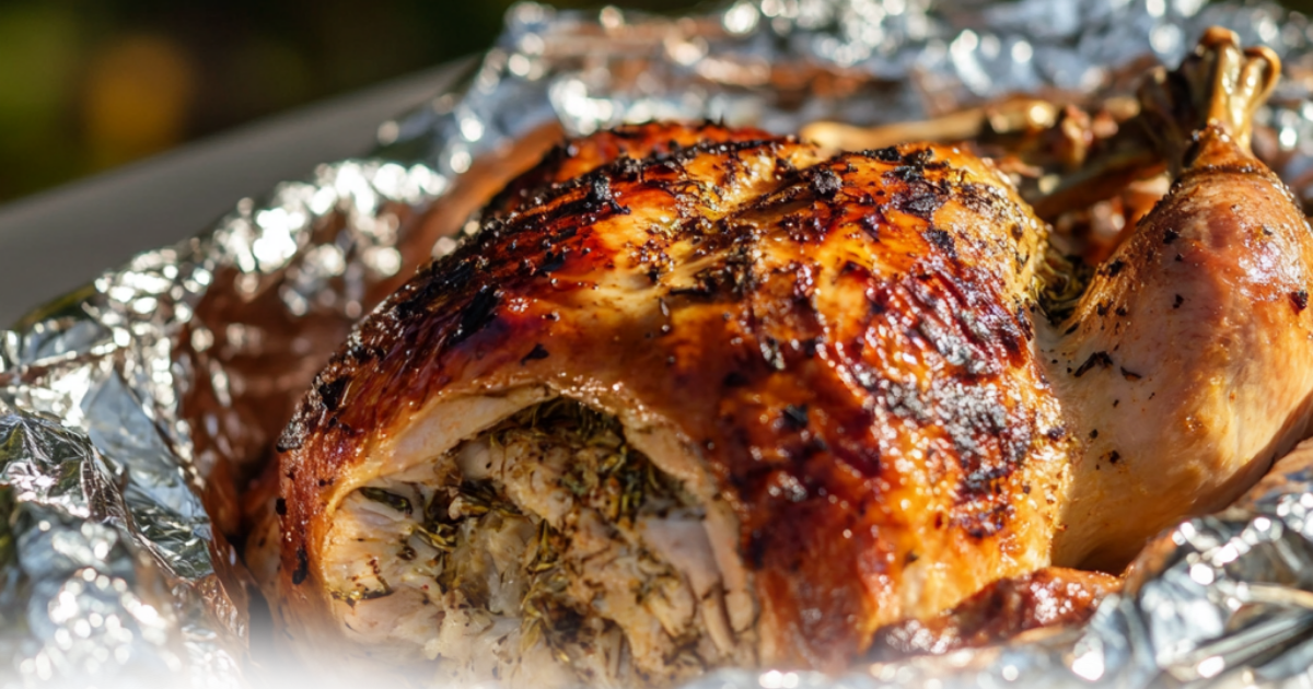 Roasted turkey with a golden, crispy skin and herb seasoning, wrapped in foil on a grill