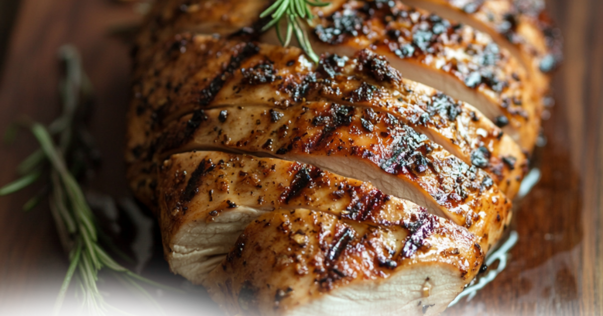 Perfectly grilled turkey breast with crisp, charred lines and fresh rosemary garnish