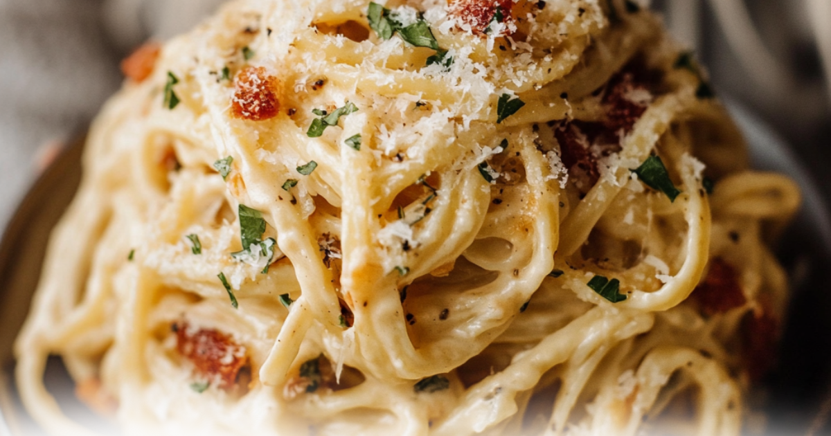 Is-carbonara-healthy-or-unhealthy – A creamy plate of spaghetti carbonara garnished with crispy chicken, grated Parmesan, and fresh parsley.