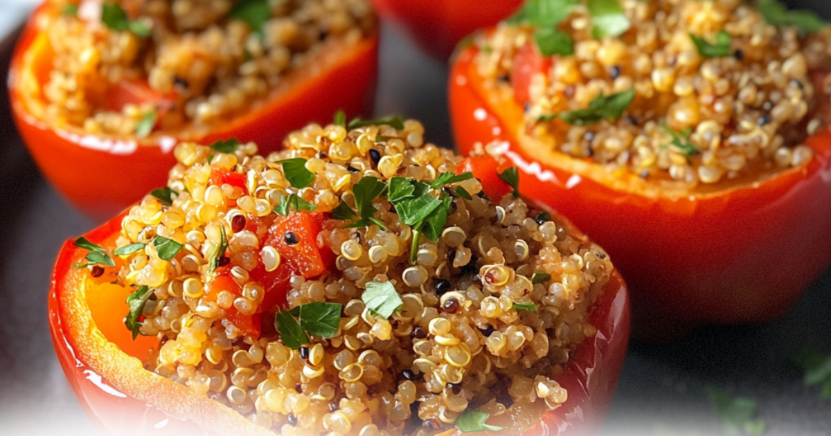 Red bell peppers stuffed with quinoa and vegetables, garnished with parsley