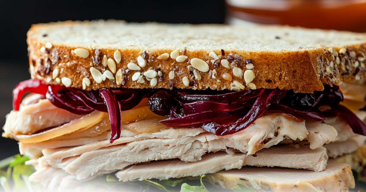 What-condiment-is-good-on-a-turkey-sandwich – Turkey sandwich with roasted turkey slices, pickled red onions, and multigrain bread