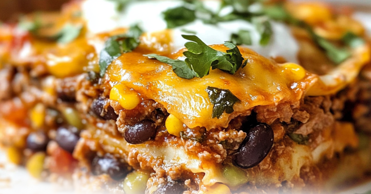 Mexican lasagna layered with seasoned beef, black beans, corn, and melted cheese, topped with fresh cilantro