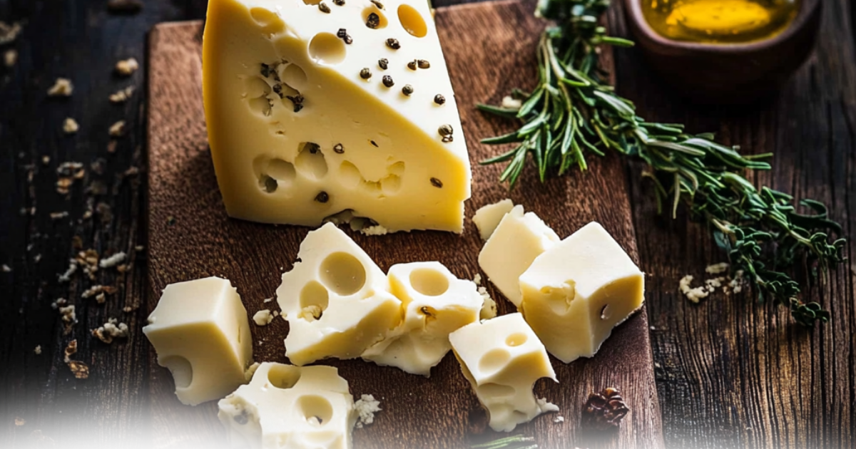 What-is-the-healthiest-cheese-to-put-in-an-omelette – A wedge of Swiss cheese with peppercorns, surrounded by cheese cubes, fresh rosemary, and olive oil.