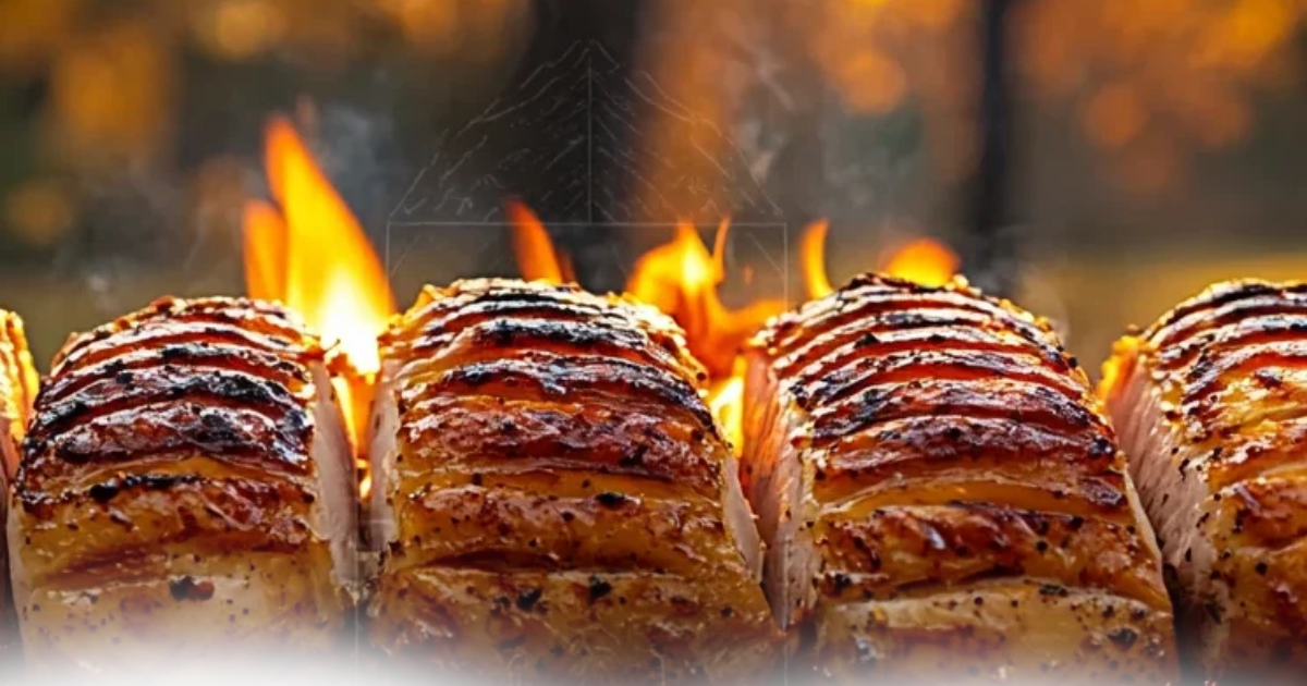 Grilled Hasselback potatoes with charred edges over an open flame.