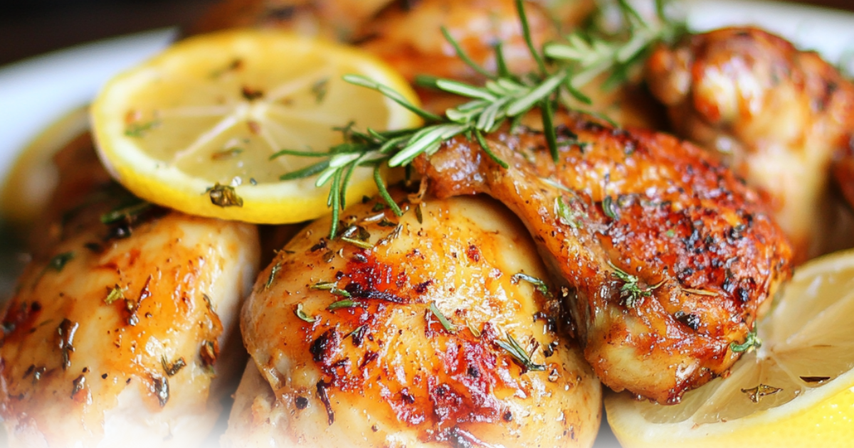 Grilled chicken thighs garnished with fresh rosemary and lemon slices on a platter